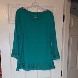Talbots Kelly Green Long Sleeve Top with Lace Detail